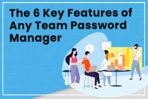 Team discussing features of a password manager, with graphs and laptops, highlighting security and collaboration.