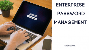 Person using laptop for enterprise password management solution. Secure login screen displayed.