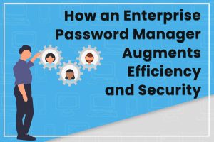 Enterprise password manager illustration enhancing efficiency and security with gears and avatars on a blue background.