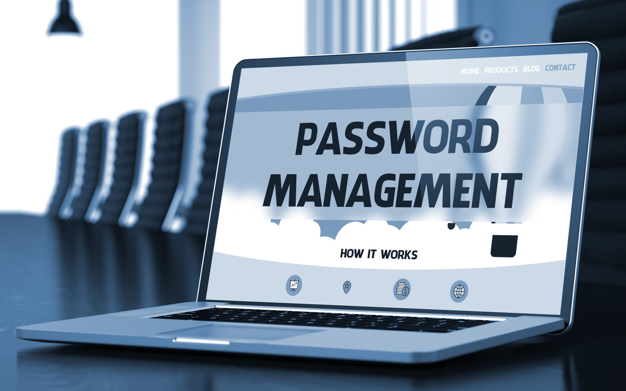 Laptop displaying password management application in a conference room setting.