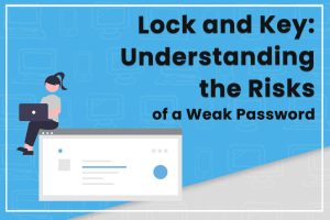 Woman with laptop on website header about weak passwords risks.