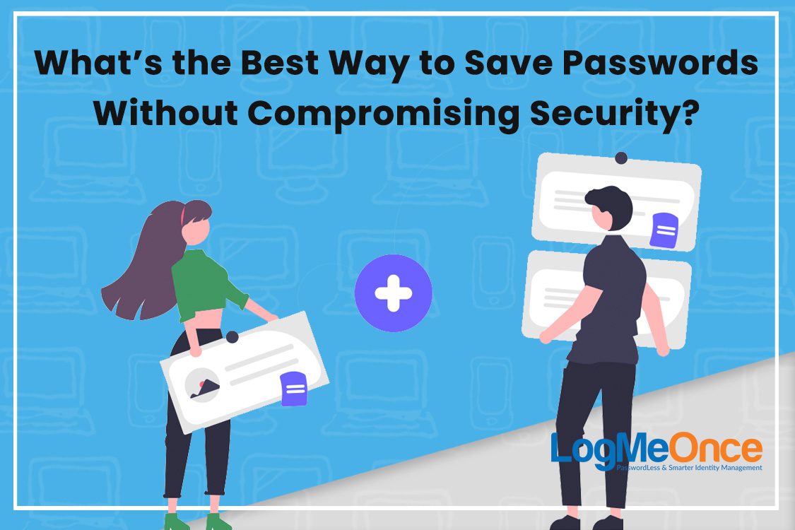Two characters holding password icons, discussing secure password management solutions.