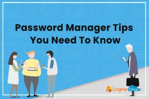 Cartoon figures discussing password manager tips on blue tech-themed background.