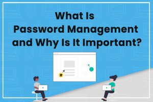 Illustration of password management importance with people using laptops and password tool interface.
