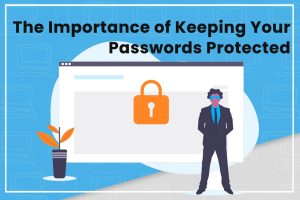 Illustration emphasizing password protection with a lock icon and a businessman standing nearby.