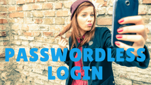 Young woman taking a selfie with Passwordless Login text, highlighting secure digital access.