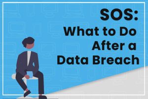 Illustration of a person contemplating data breach recovery steps with SOS: What to Do After a Data Breach text.