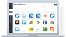Laptop displaying a password manager app interface with various social media and app icons.